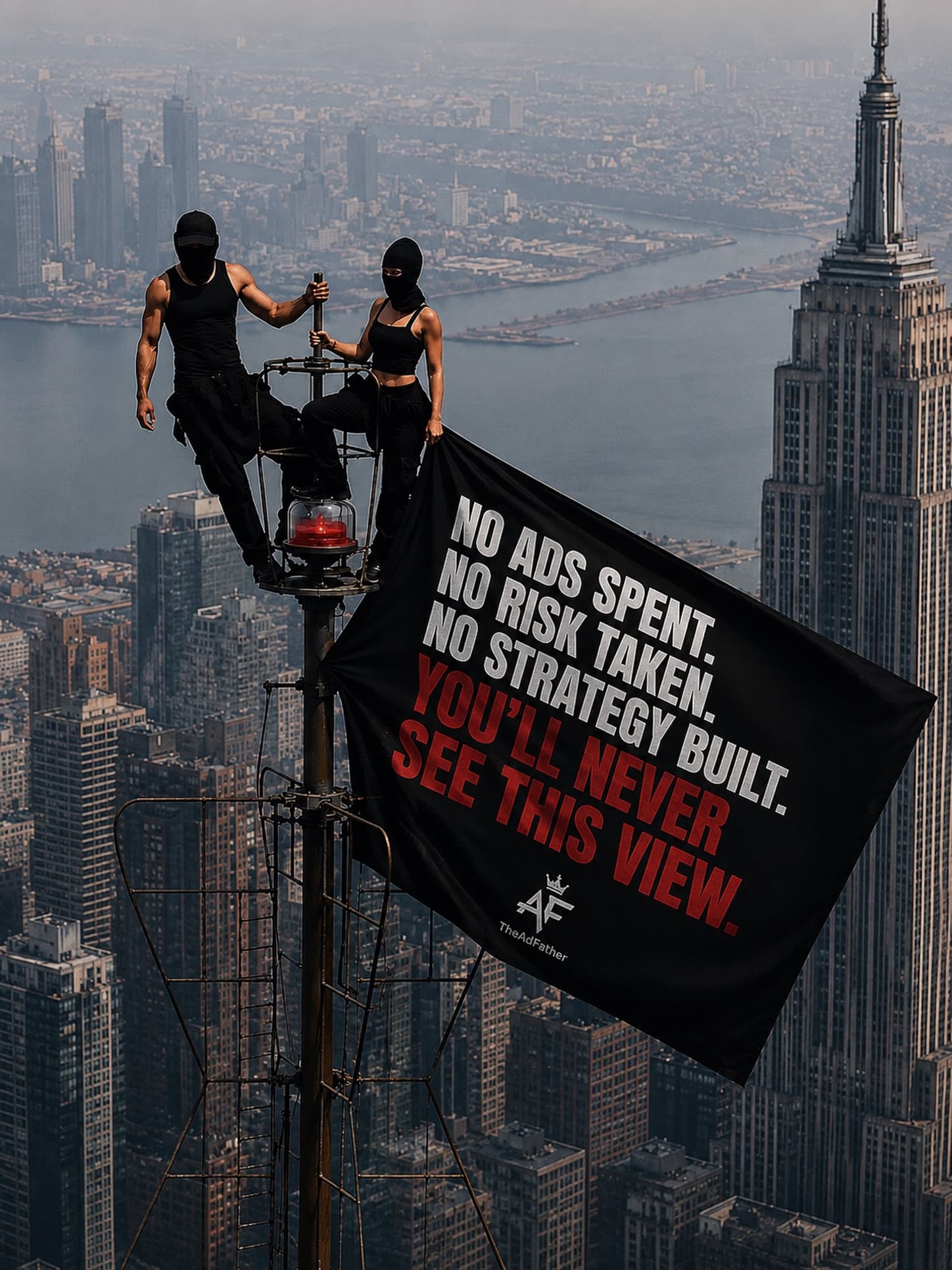 Two masked climbers on a skyscraper mast above New York with a black TheAdFather flag reading: No ads spent. No risk taken. No strategy built. You'll never see this view.